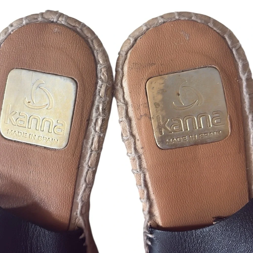 Kanna wedge sling back espadrille, black leather gold buckle, size 41=10/10.5